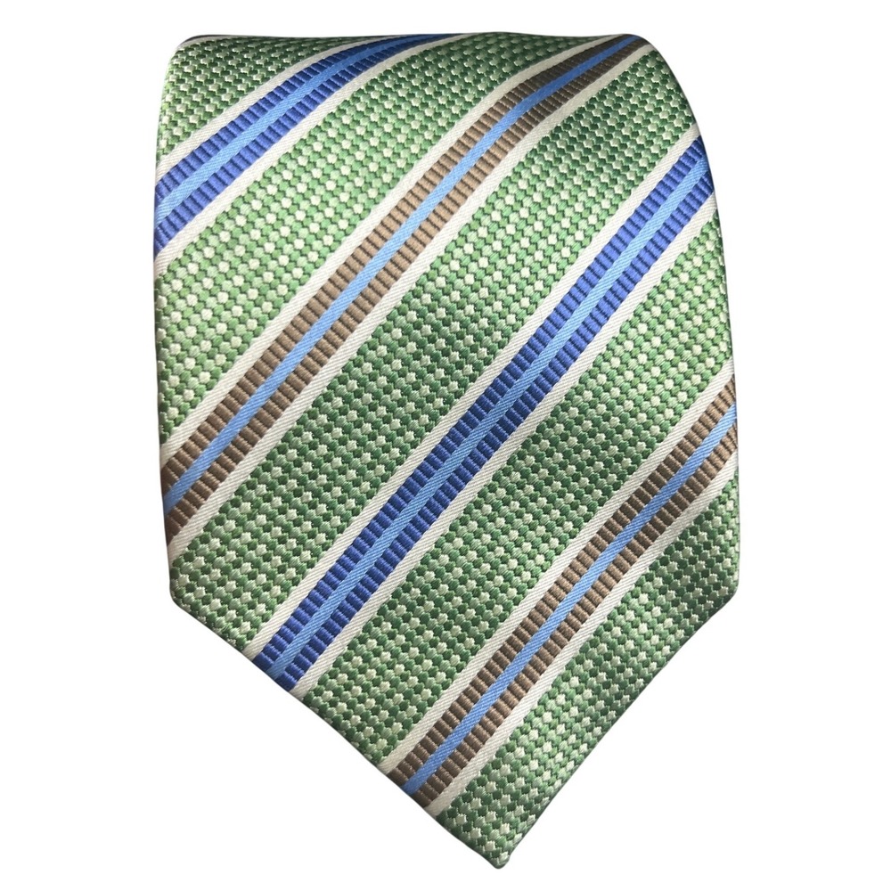 JZ Richards Silk Striped Necktie Green Blue Brown Handmade USA Classic Tie